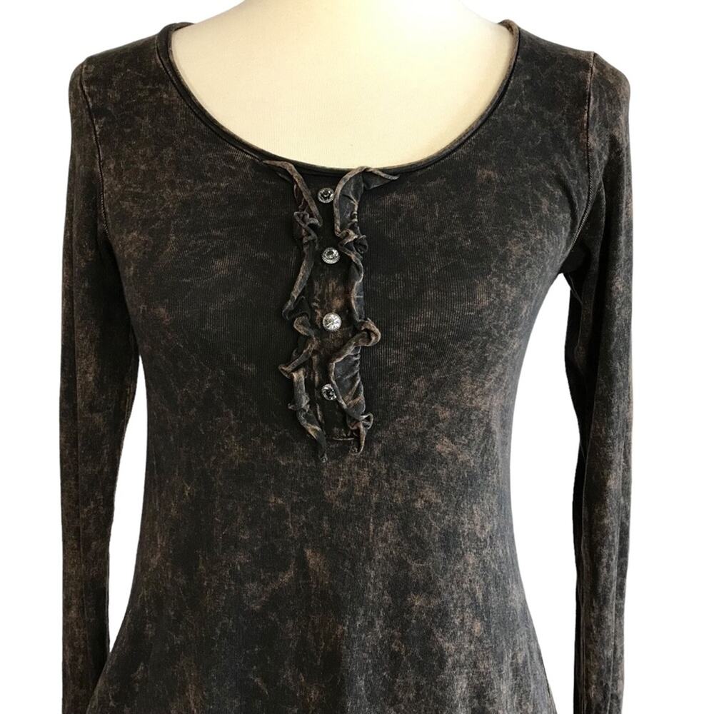 T Party Brown Stone Wash Burnout Long Sleeve Scoop Neck Fitted Tee-Shirt Small - Picture 2 of 13